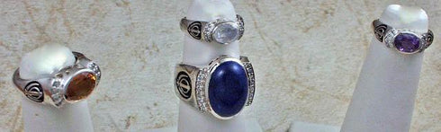 Silver rings with gemstones, diamonds and khanda / adi shakti symbols